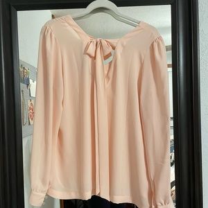 Light Pink Long Sleeve V-Neck Blouse with Bow Detail.